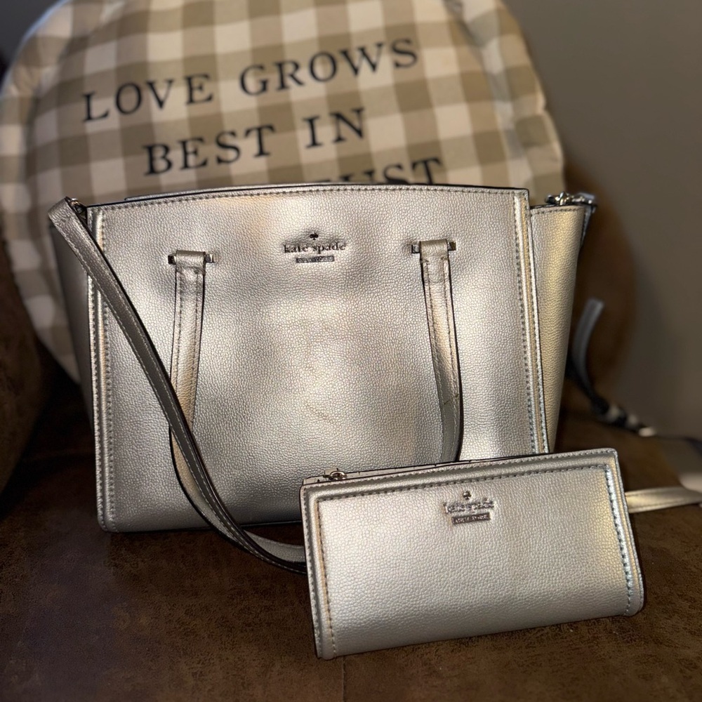 Kate Spade Metallic Silver Tote and Wallet